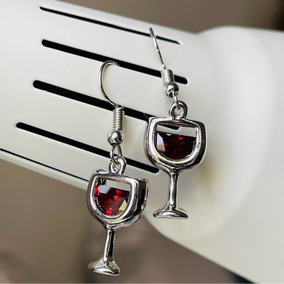 RED WINE EARRINGS Silver Plated With Fish Hook Ear Wires & Red Crystals - Picture 6 of 8
